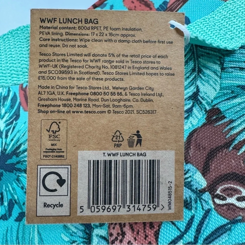 NWT Tesco WWF World Wildlife Fund Soft Sided Insulated Lunch Box